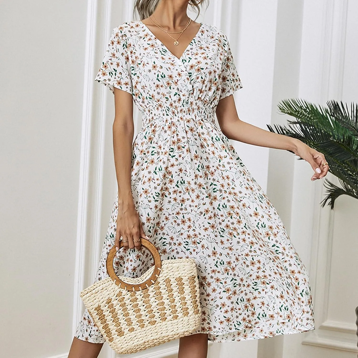 Women's Summer Floral Dress Short Sleeve V Neck Wrap Dresses with Elastic Waist Casual Knee Length A-Line Sundress