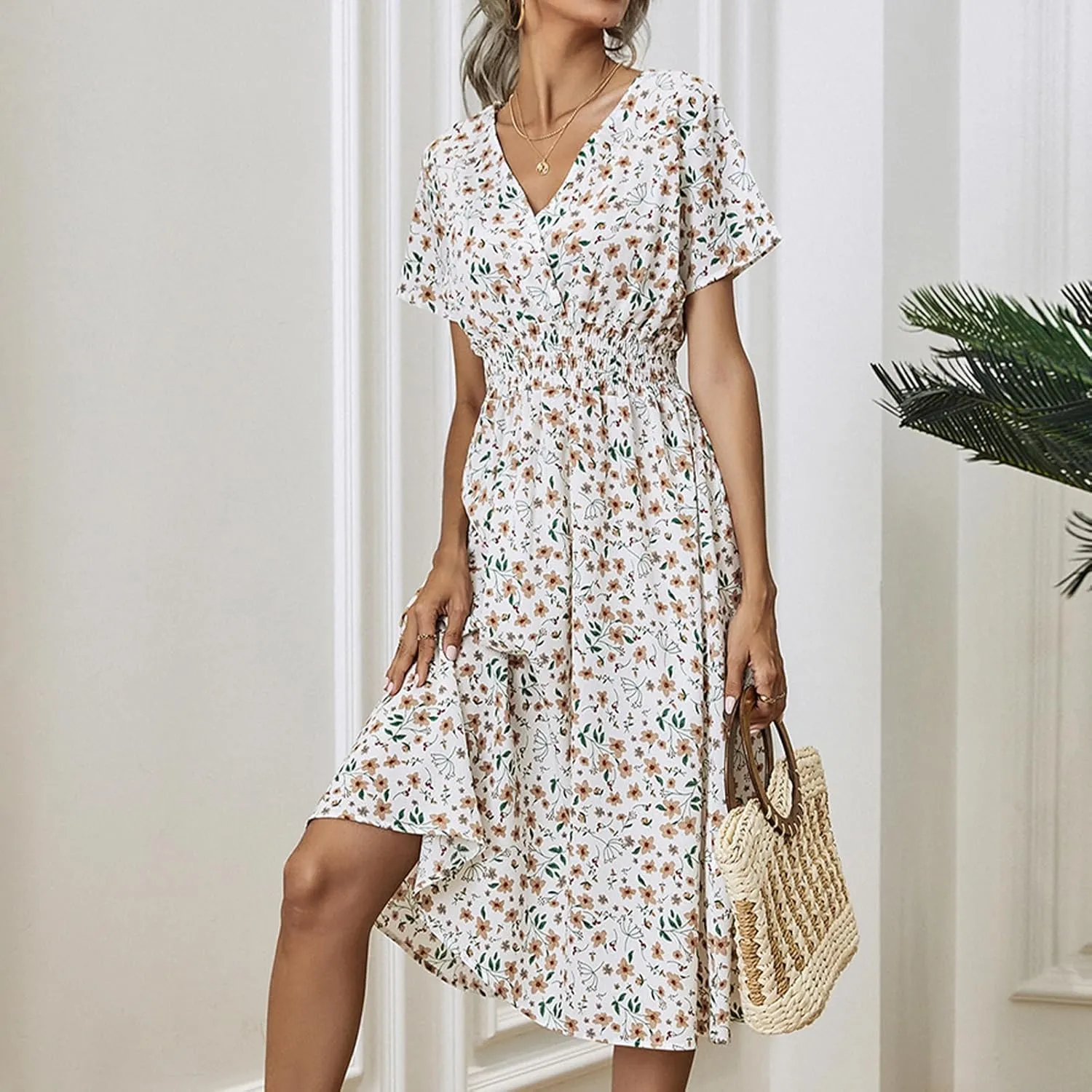 Women's Summer Floral Dress Short Sleeve V Neck Wrap Dresses with Elastic Waist Casual Knee Length A-Line Sundress