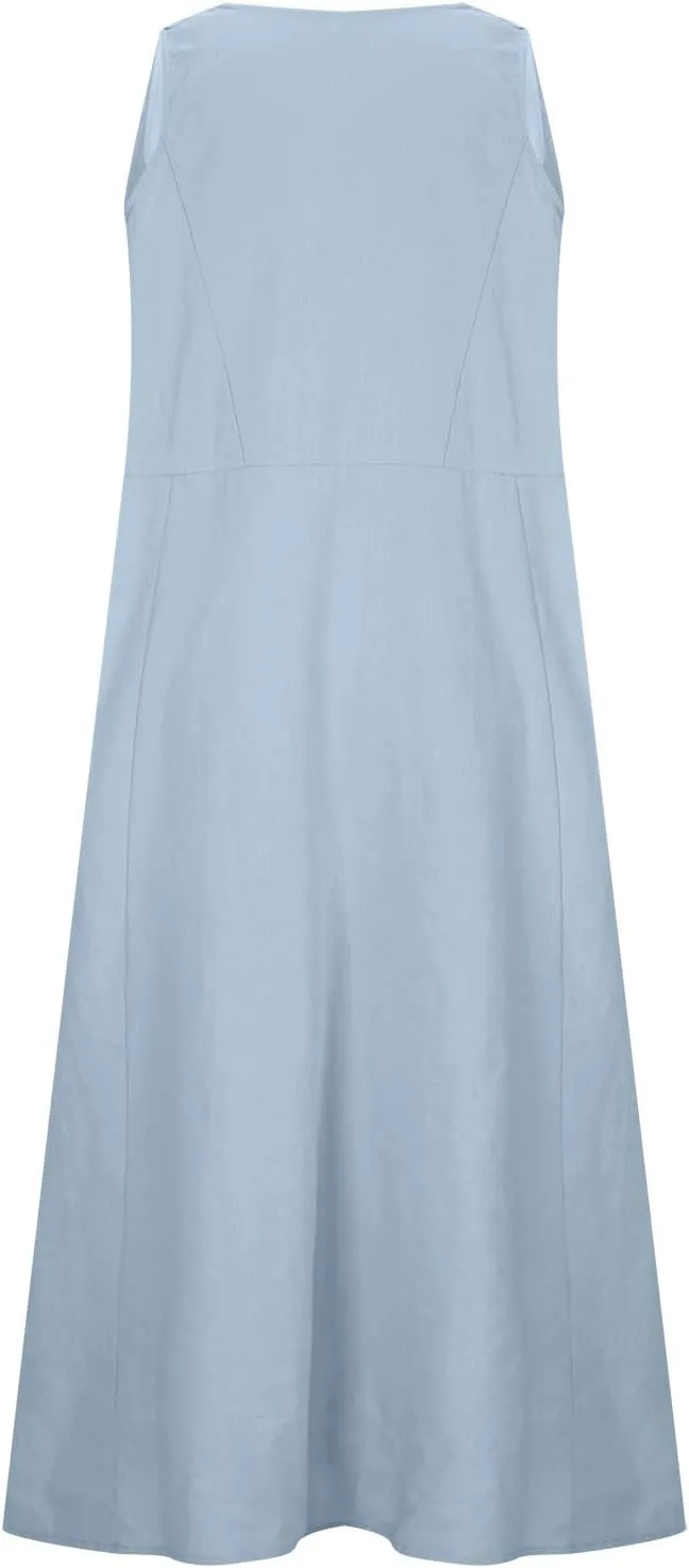 Women's Summer Sleeveless Cotton Linen Dress Plus Size Flowy Beach Long Dress Casual Solid Maxi Dress with Pockets