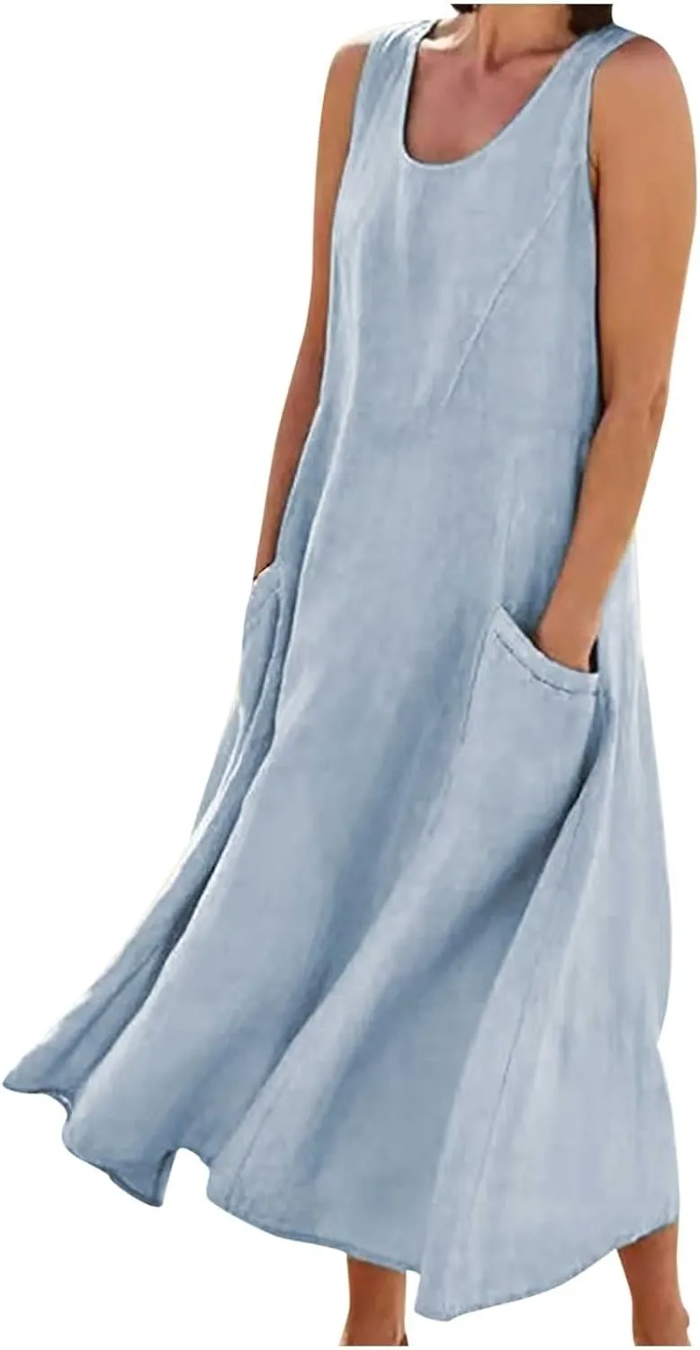 Women's Summer Sleeveless Cotton Linen Dress Plus Size Flowy Beach Long Dress Casual Solid Maxi Dress with Pockets