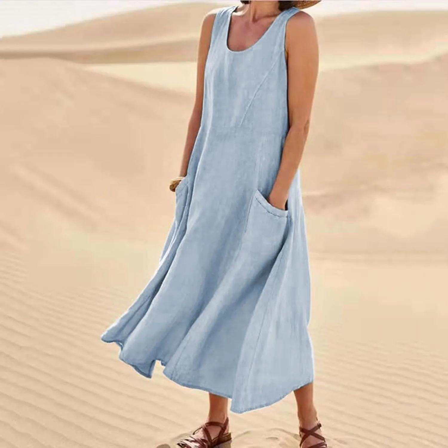 Women's Summer Sleeveless Cotton Linen Dress Plus Size Flowy Beach Long Dress Casual Solid Maxi Dress with Pockets