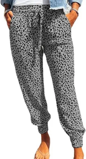 Womens Tapered Pants Leopard Print Drawstring Elastic High Waist Long Pants Loose Soft Casual Trousers with Pockets