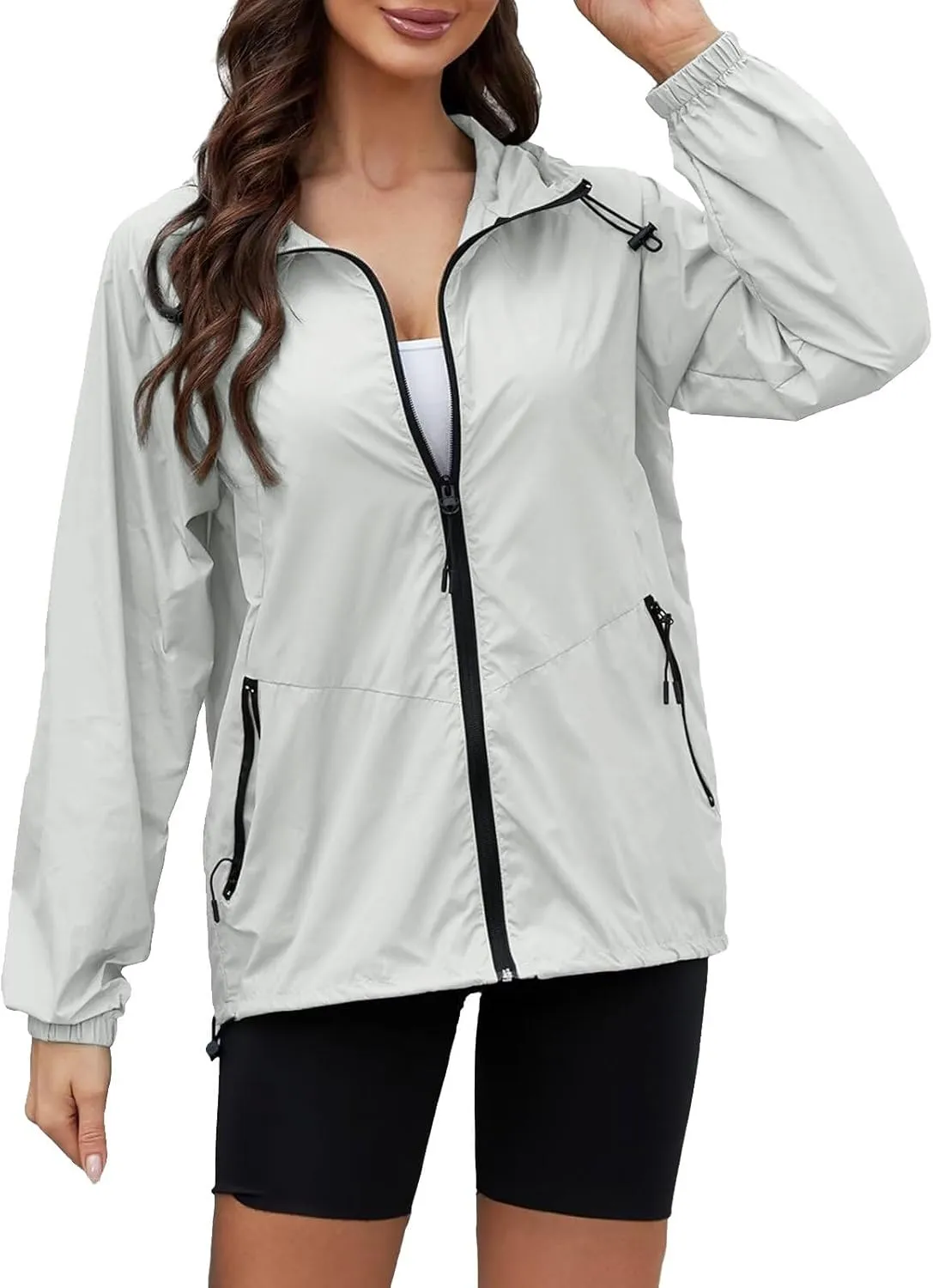 Womens Waterproof Outdoor Rain Jackets Lightweight Packable Hooded Raincoat Adjustable Soft Shell Windbreaker Jacket