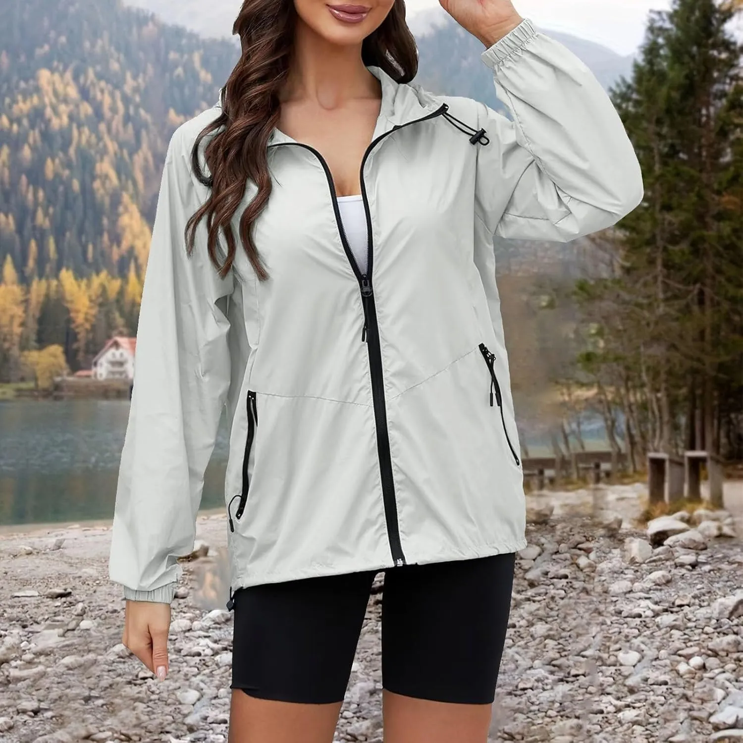 Womens Waterproof Outdoor Rain Jackets Lightweight Packable Hooded Raincoat Adjustable Soft Shell Windbreaker Jacket