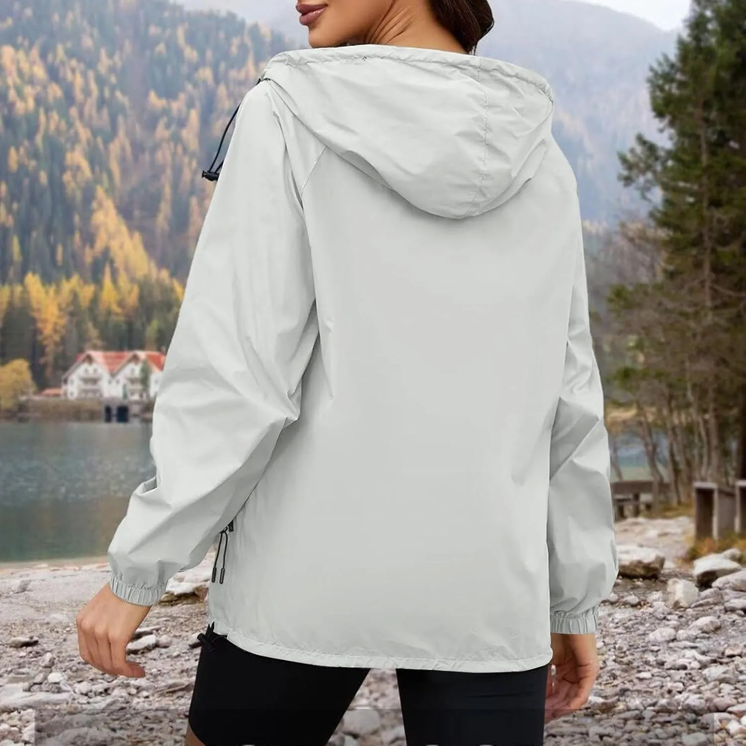 Womens Waterproof Outdoor Rain Jackets Lightweight Packable Hooded Raincoat Adjustable Soft Shell Windbreaker Jacket