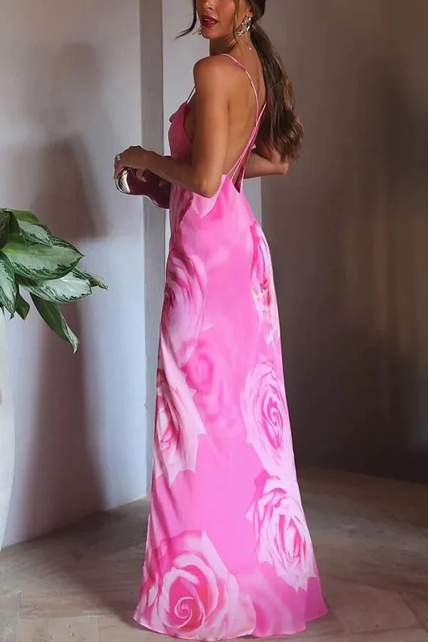 You Get The Picture Floral Cowl Neck Flowy Slit Maxi Dress