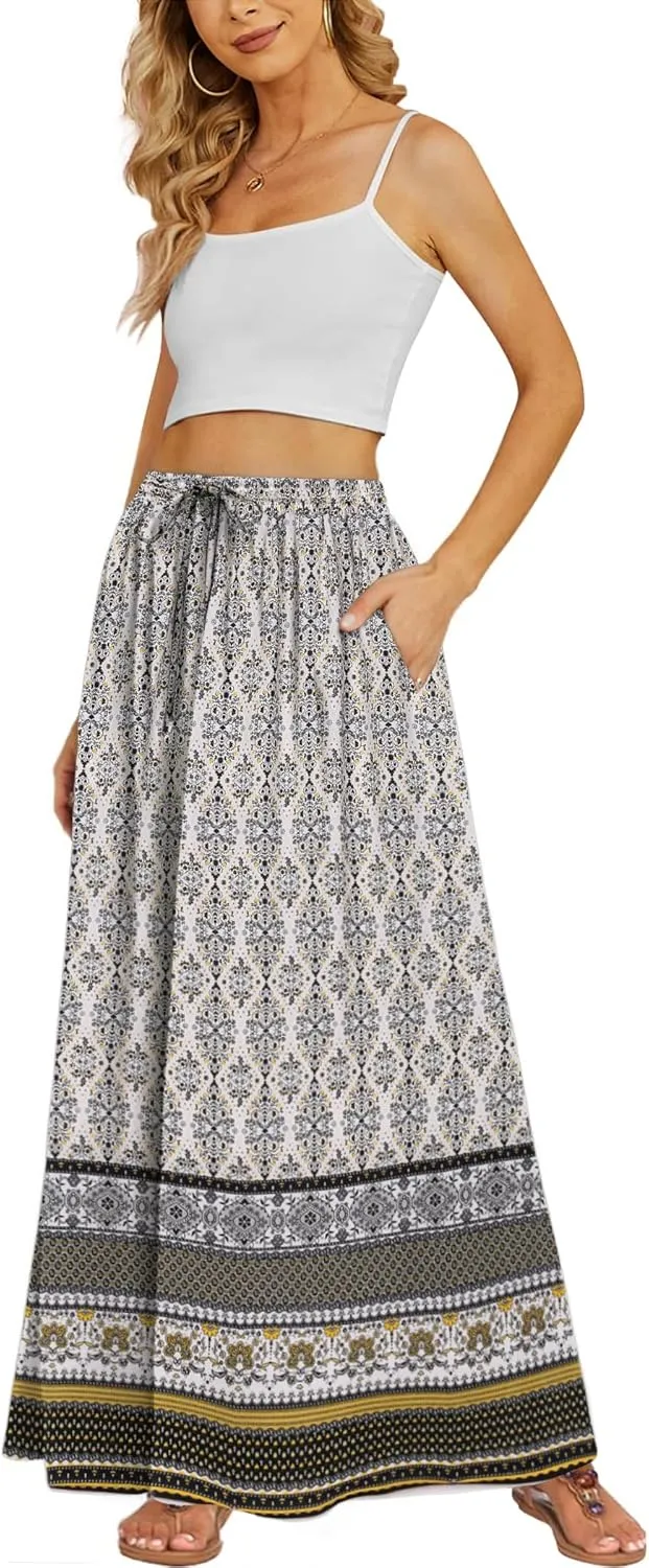 Zeagoo Women's 2024 Boho Floral Skirt Casual Elastic High Waist Maxi Skirts Flowy A Line Beach Long Skirt with Side Pockets