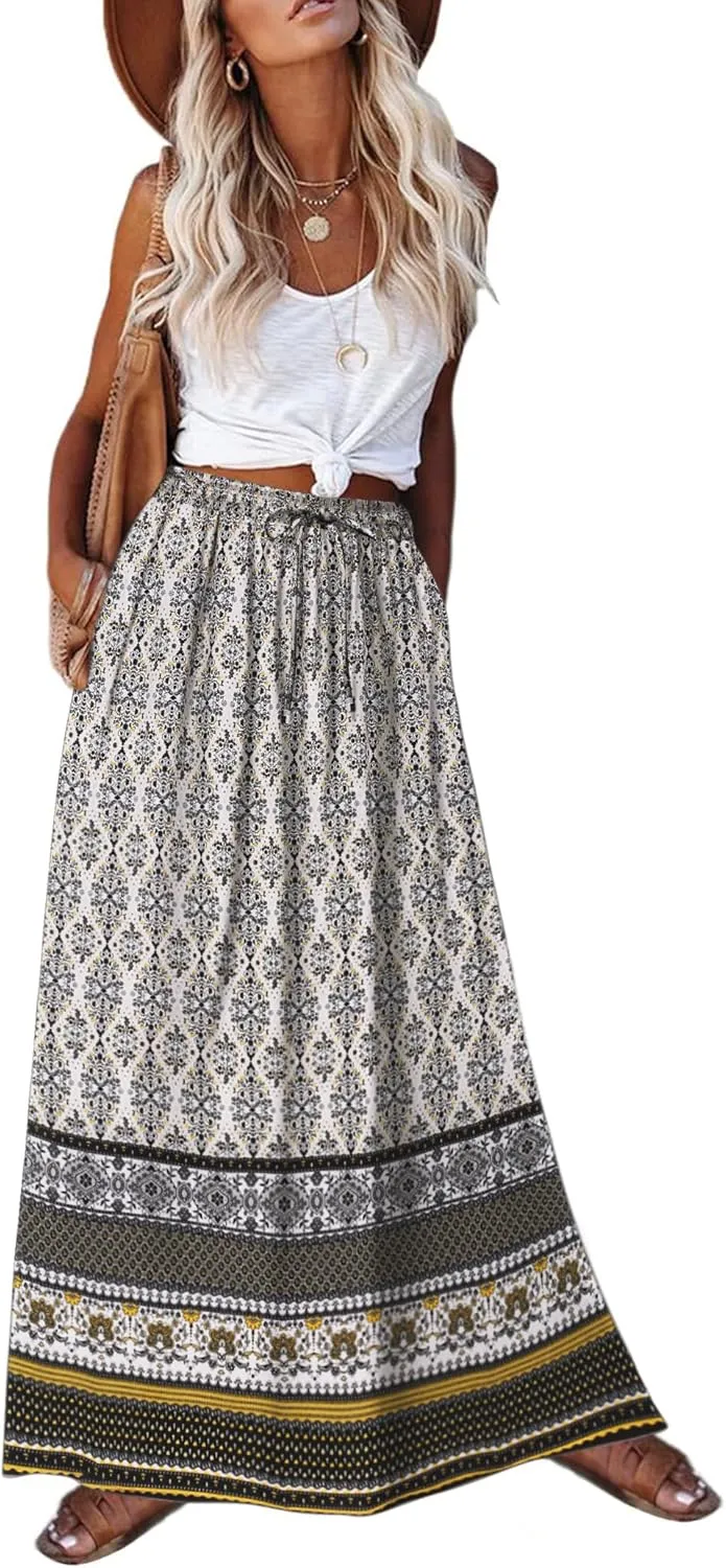 Zeagoo Women's 2024 Boho Floral Skirt Casual Elastic High Waist Maxi Skirts Flowy A Line Beach Long Skirt with Side Pockets