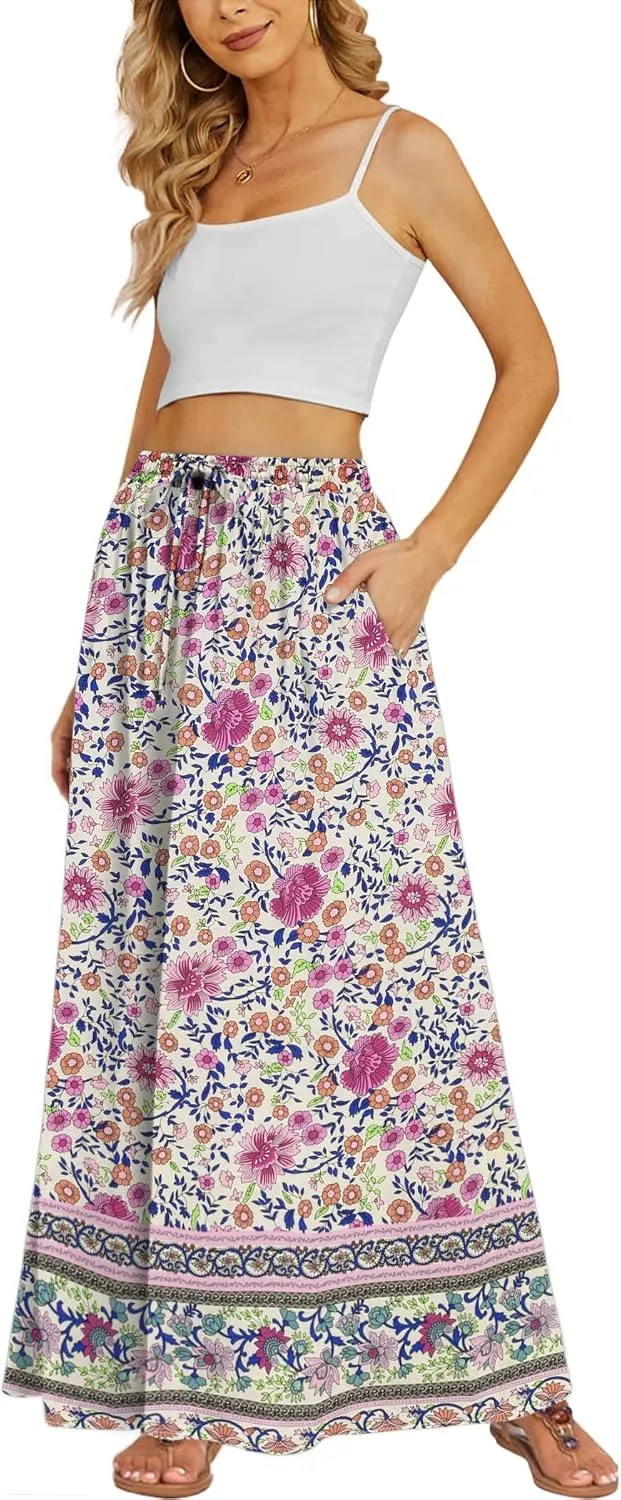 Zeagoo Women's 2025 Boho Floral Skirt Casual Elastic High Waist Maxi Skirts Flowy A Line Beach Long Skirt with Side Pockets