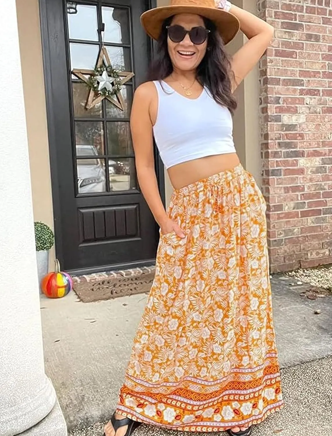 Zeagoo Women's 2025 Boho Floral Skirt Casual Elastic High Waist Maxi Skirts Flowy A Line Beach Long Skirt with Side Pockets