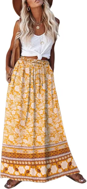 Zeagoo Women's 2025 Boho Floral Skirt Casual Elastic High Waist Maxi Skirts Flowy A Line Beach Long Skirt with Side Pockets