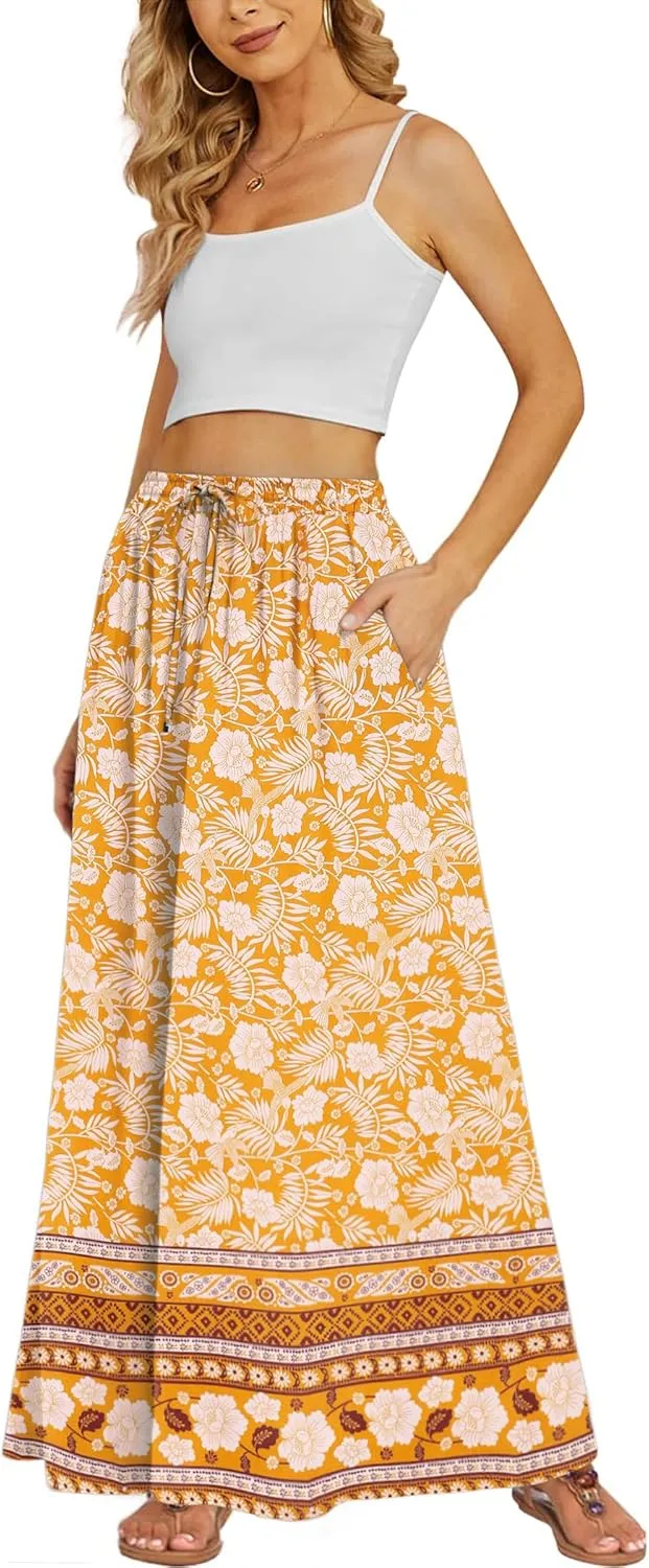 Zeagoo Women's 2025 Boho Floral Skirt Casual Elastic High Waist Maxi Skirts Flowy A Line Beach Long Skirt with Side Pockets