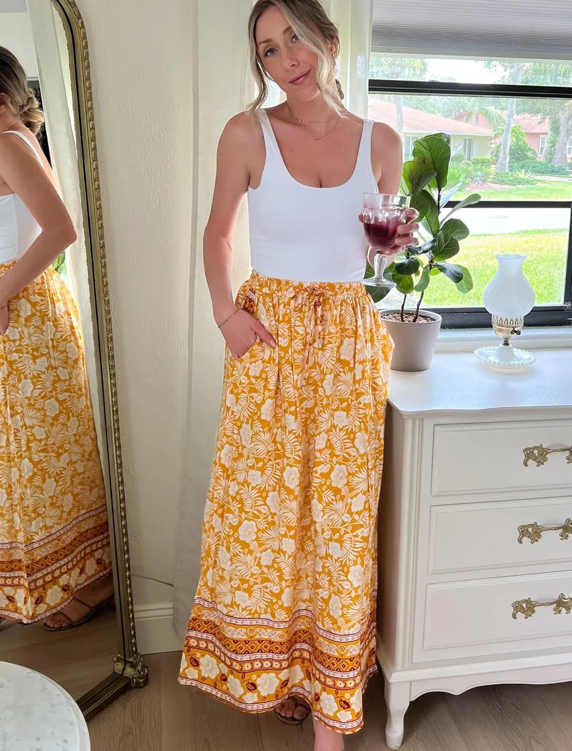 Zeagoo Women's 2025 Boho Floral Skirt Casual Elastic High Waist Maxi Skirts Flowy A Line Beach Long Skirt with Side Pockets