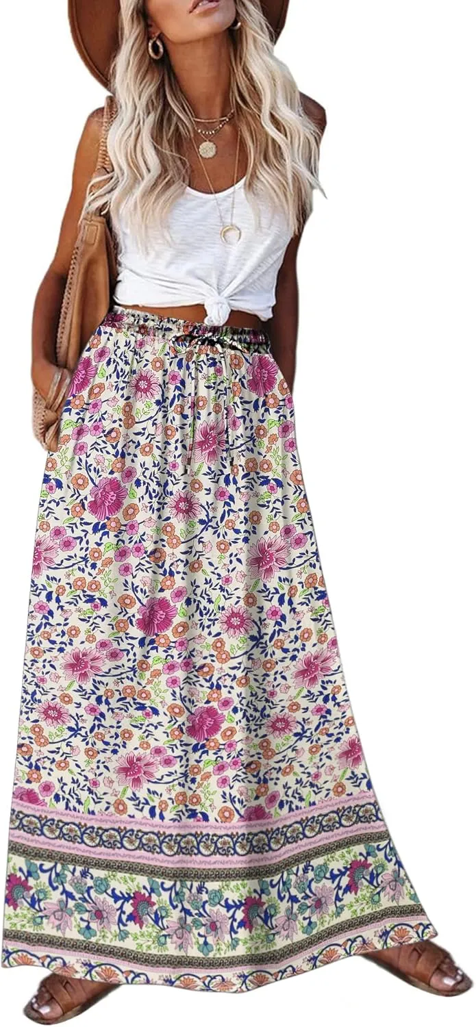 Zeagoo Women's 2025 Boho Floral Skirt Casual Elastic High Waist Maxi Skirts Flowy A Line Beach Long Skirt with Side Pockets