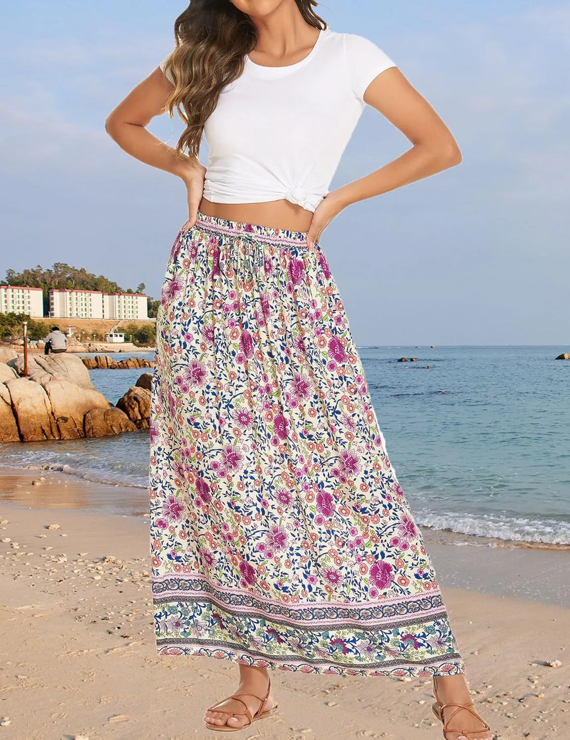 Zeagoo Women's 2025 Boho Floral Skirt Casual Elastic High Waist Maxi Skirts Flowy A Line Beach Long Skirt with Side Pockets
