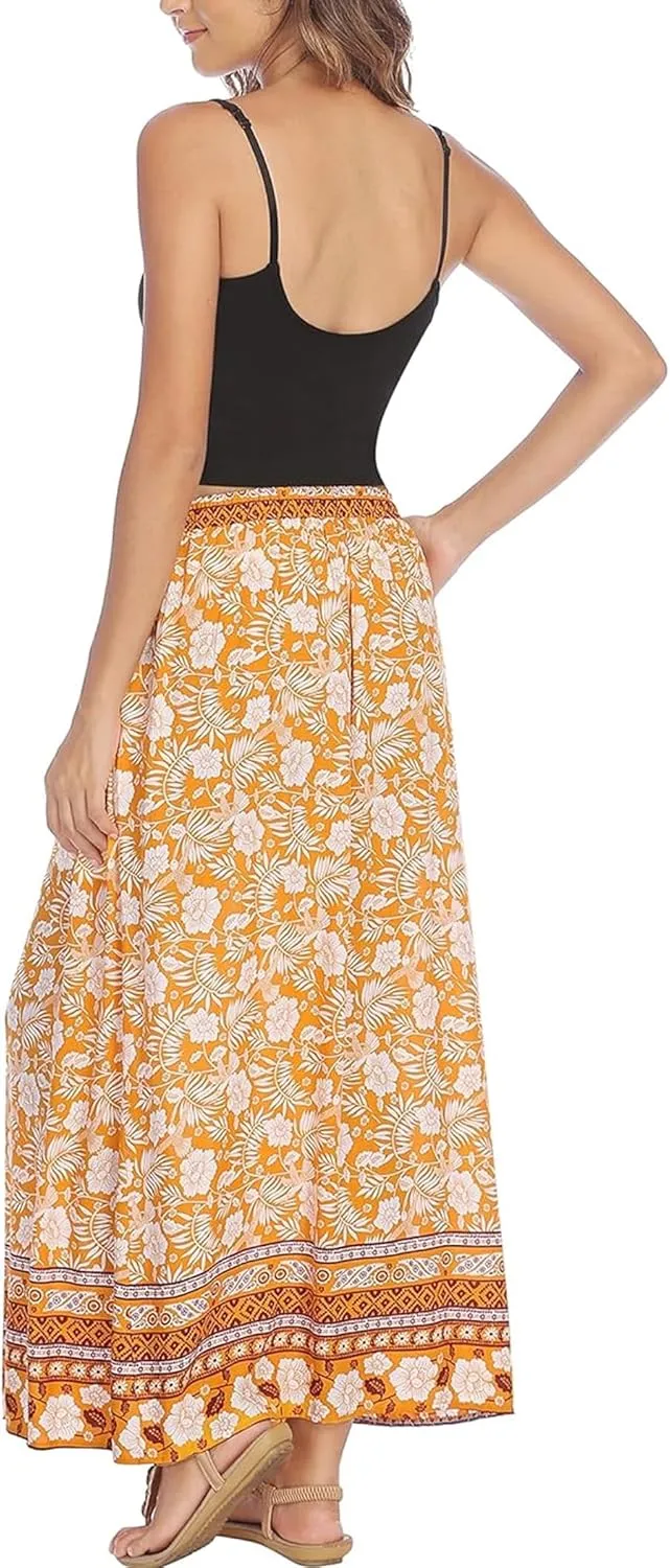 Zeagoo Women's 2025 Boho Floral Skirt Casual Elastic High Waist Maxi Skirts Flowy A Line Beach Long Skirt with Side Pockets