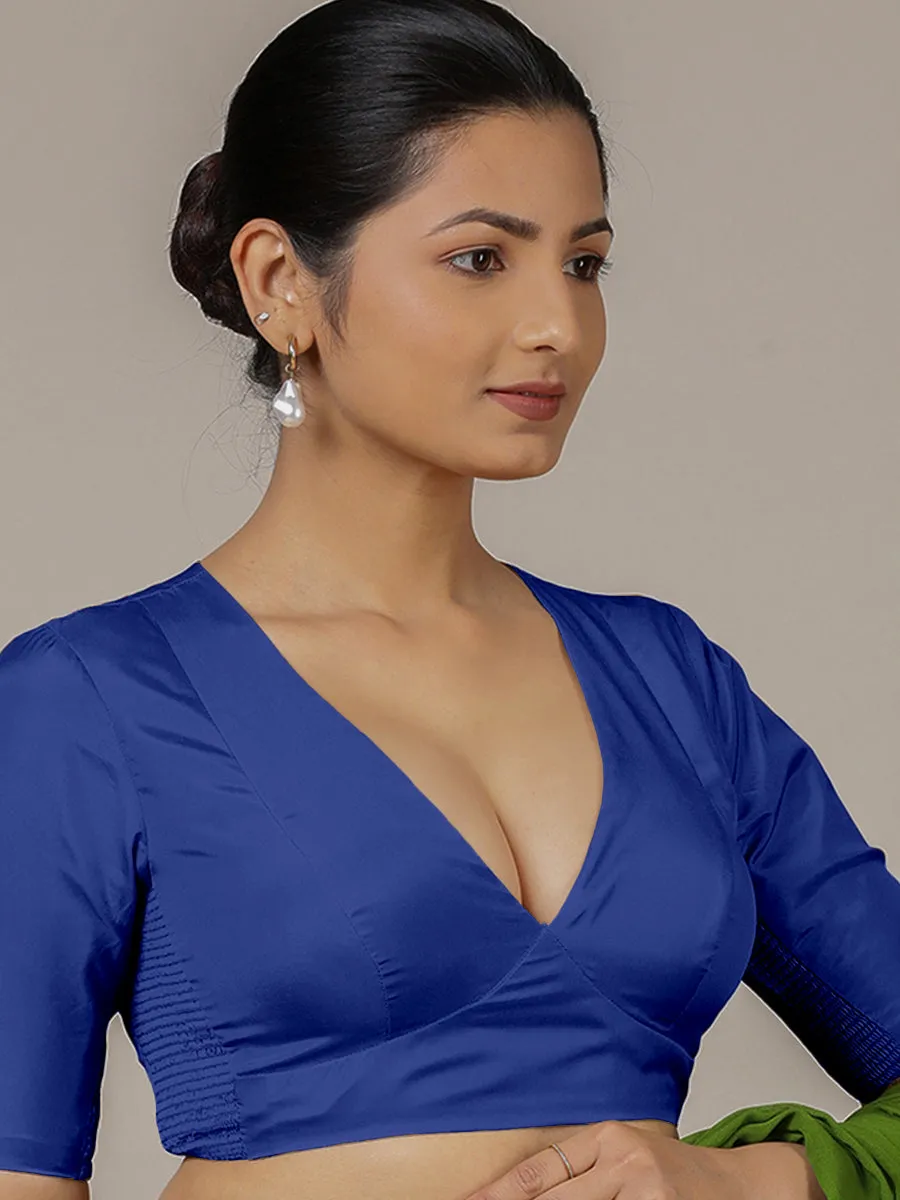 Zeenat x Rozaana | Cobalt Blue Elbow Sleeves FlexiFit™ Saree Blouse with Plunging Neckline